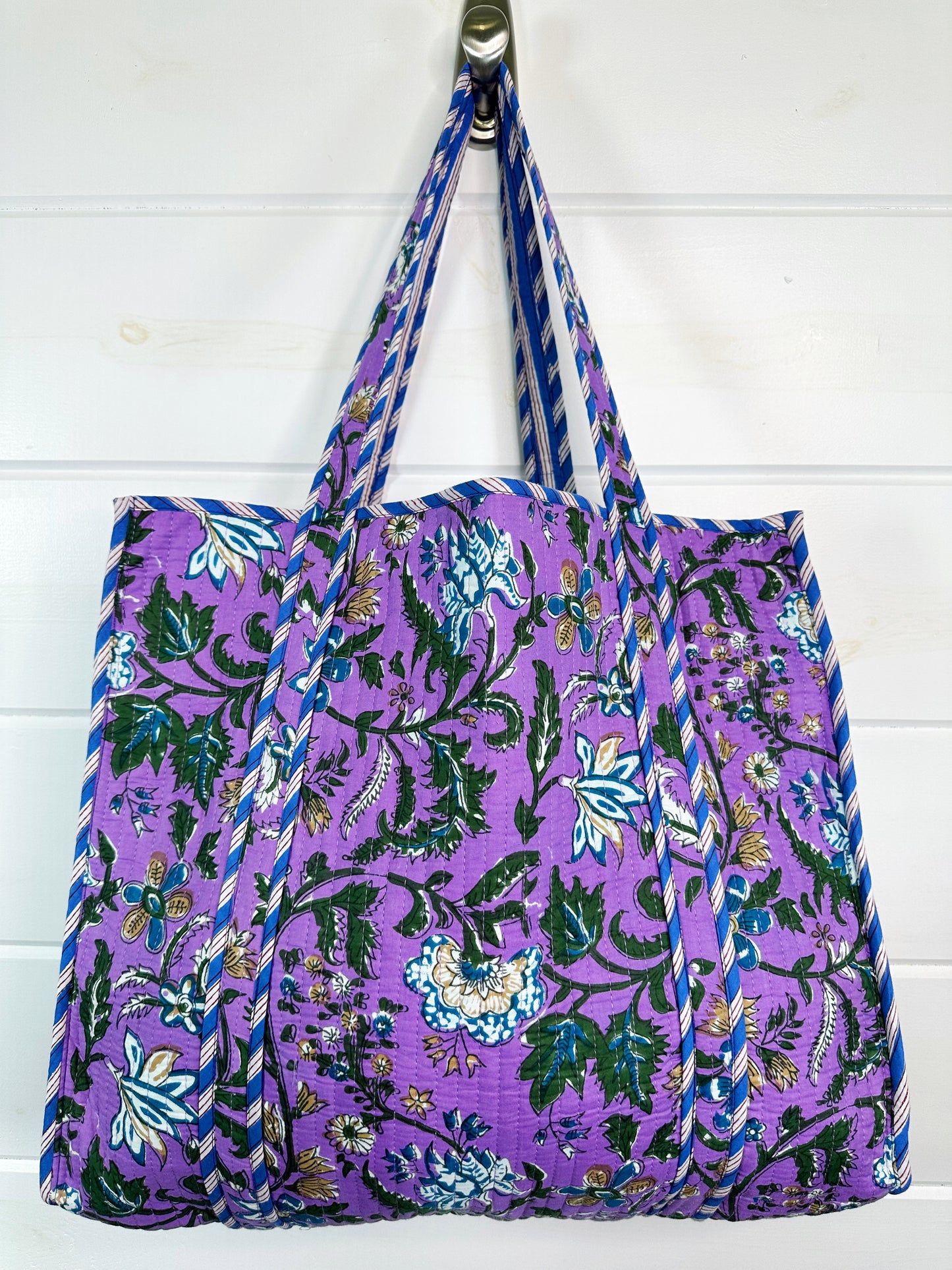 Purple Floral Print Quilted Cotton Tote Bag