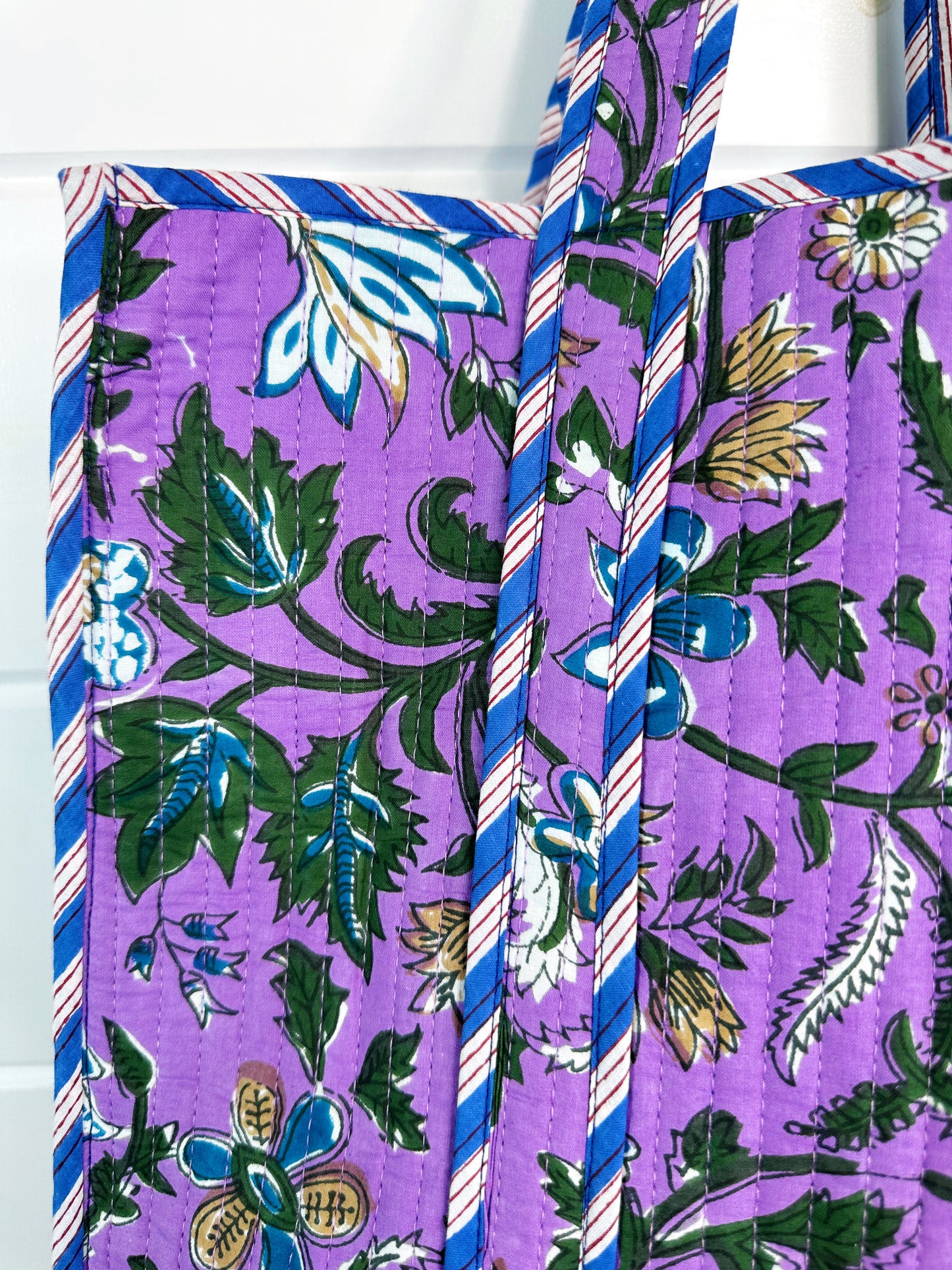 Purple Floral Print Quilted Cotton Tote Bag