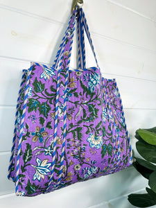 Purple Floral Print Quilted Cotton Tote Bag