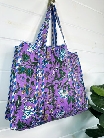 Purple Floral Print Quilted Cotton Tote Bag
