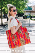 Blue and Red Floral Print Quilted Cotton Reversible Large Tote Bag