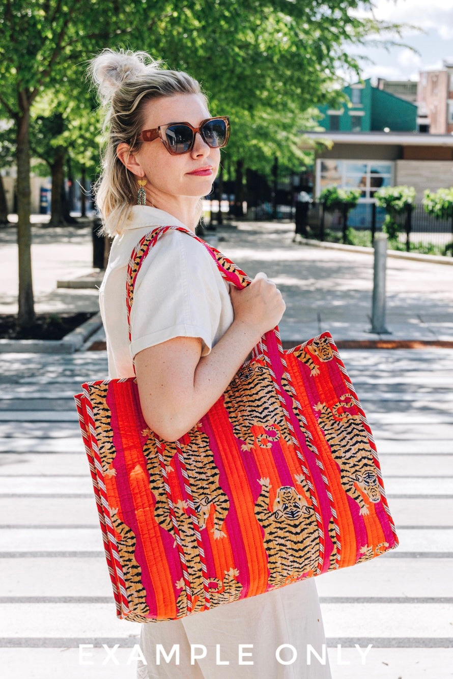 Tiger Print with Cranberry and Blush Stripes Quilted Cotton Reversible Large Tote Bag