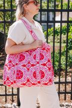Quilted Cotton Reversible Large Tote Bag - Red and Pink Medallion Print