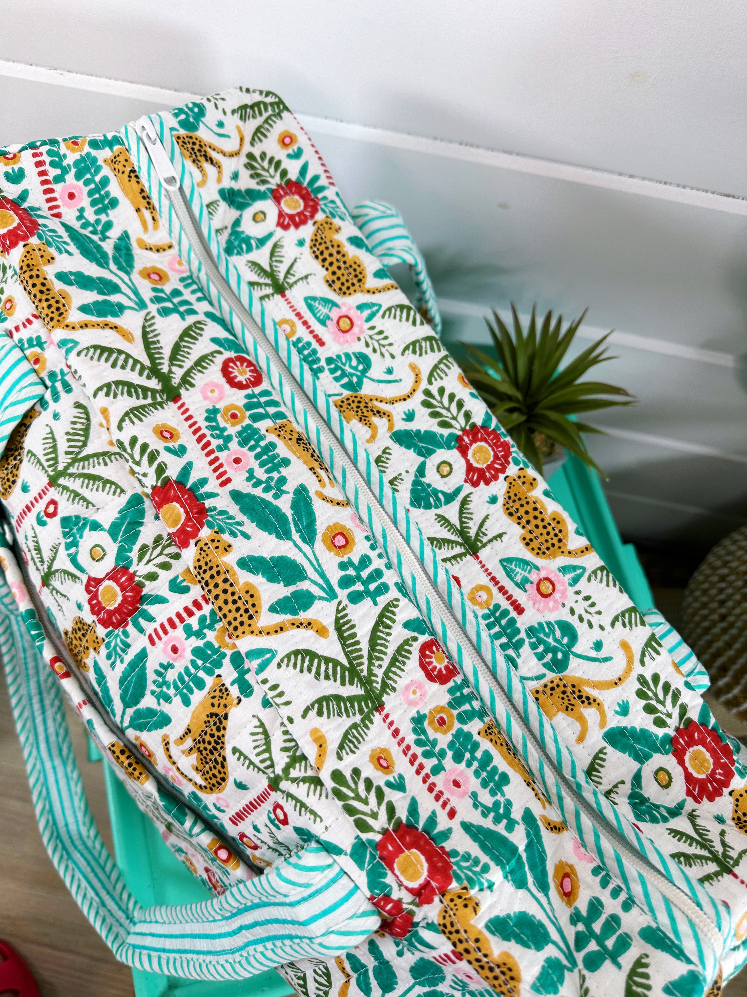 Aqua Palm Jaguar Print Quilted Weekender Overnight Bag