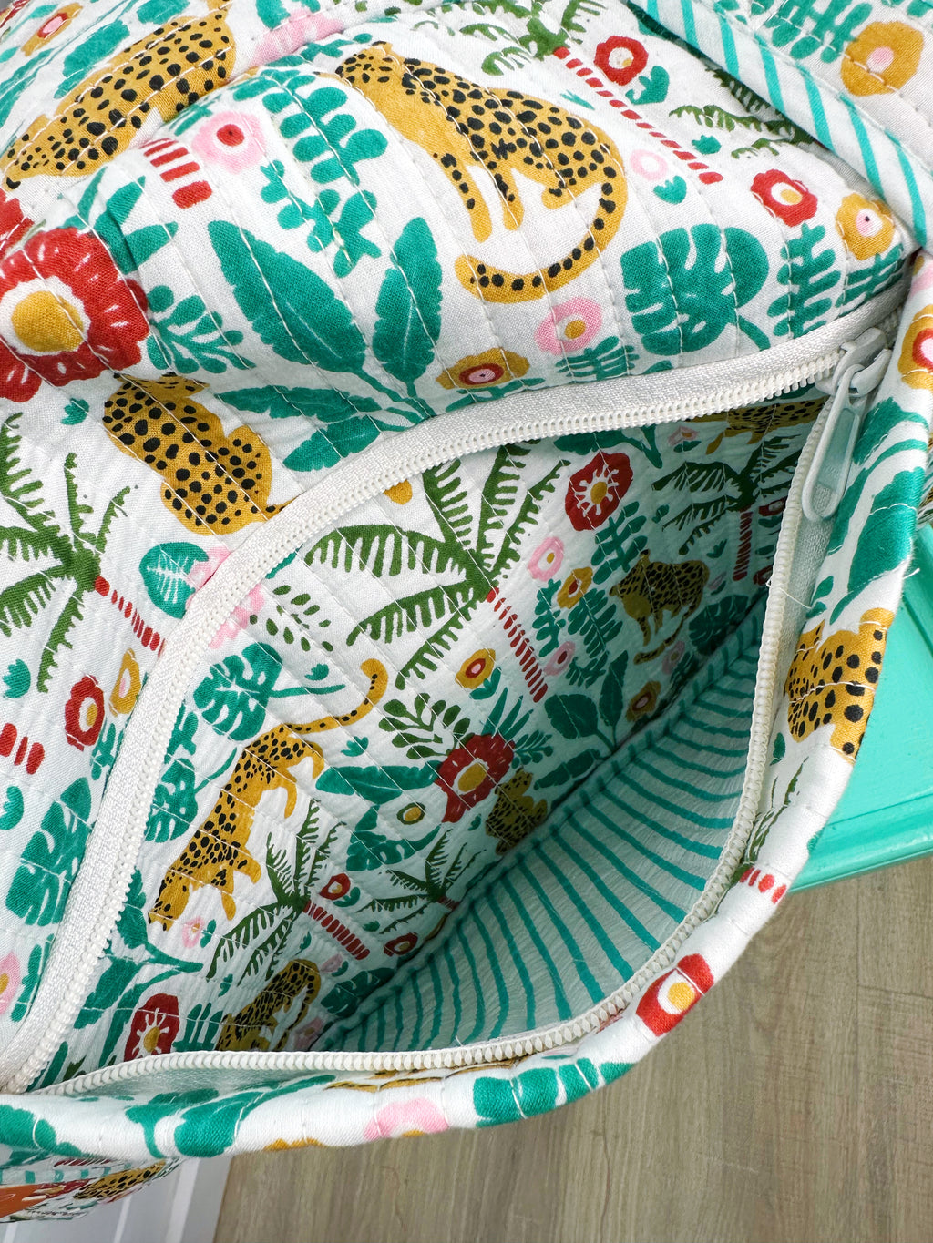 Aqua Palm Jaguar Print Quilted Weekender Overnight Bag