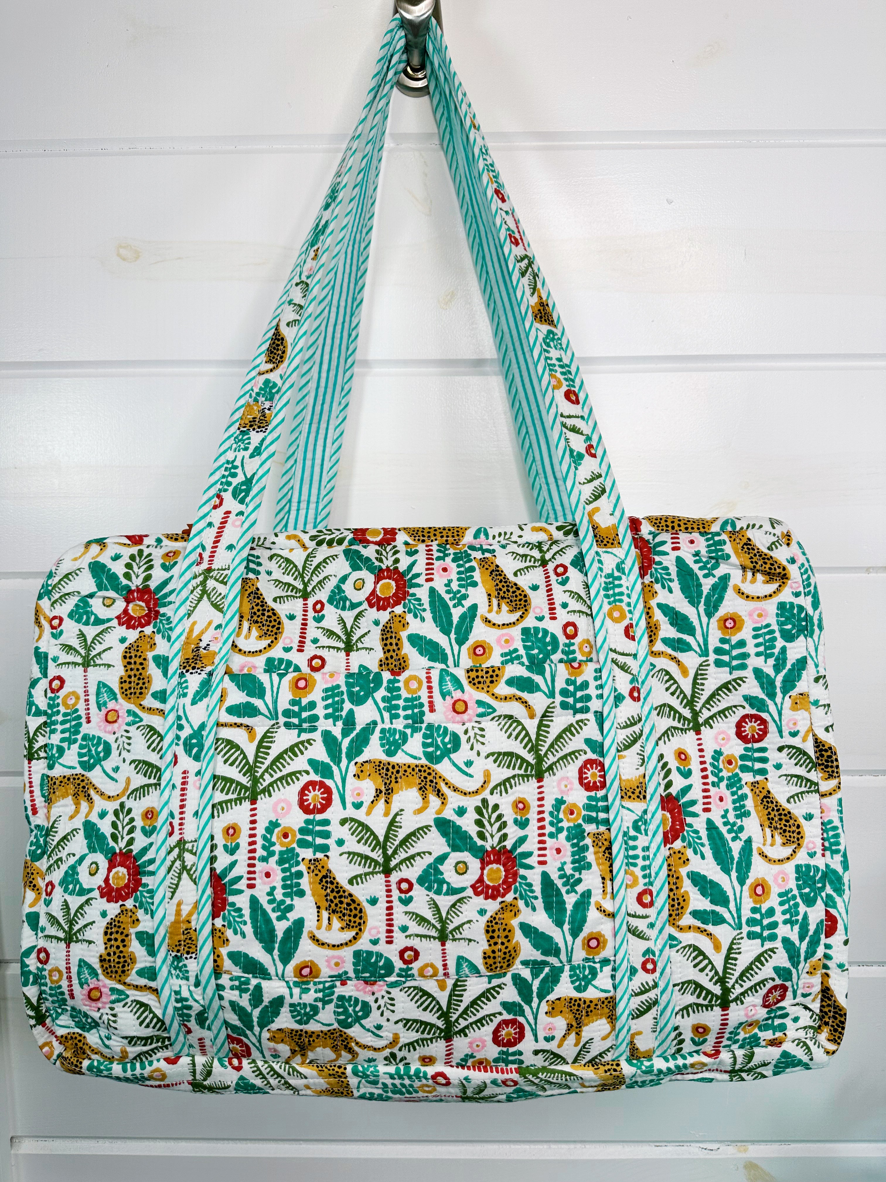 Aqua Palm Jaguar Print Quilted Weekender Overnight Bag