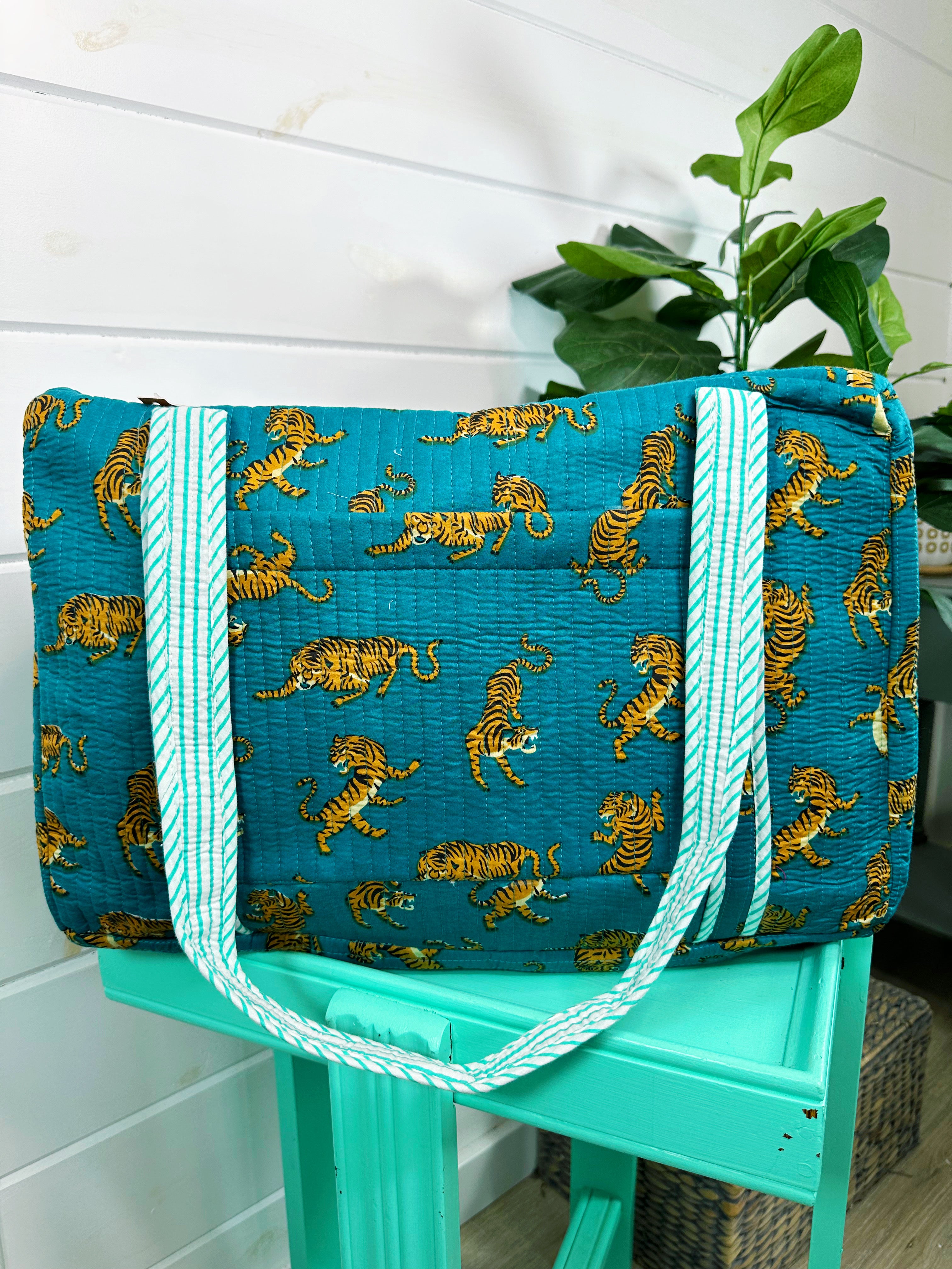 Teal Tiger Print Quilted Weekender Overnight Bag