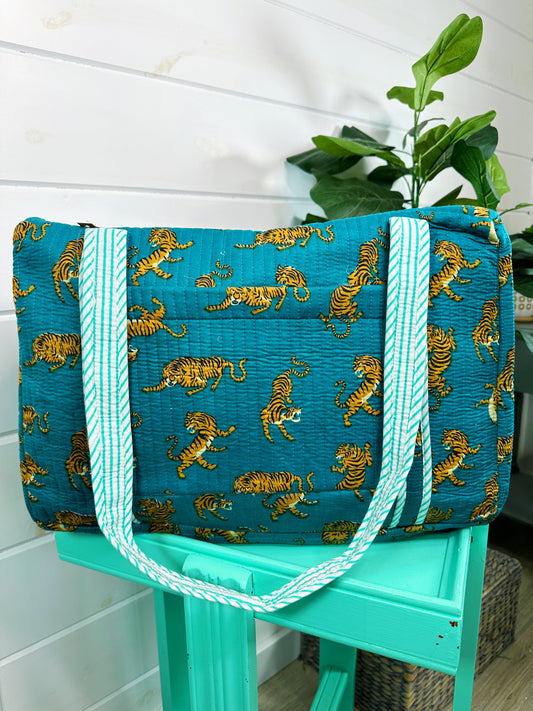 Teal Tiger Print Quilted Weekender Overnight Bag