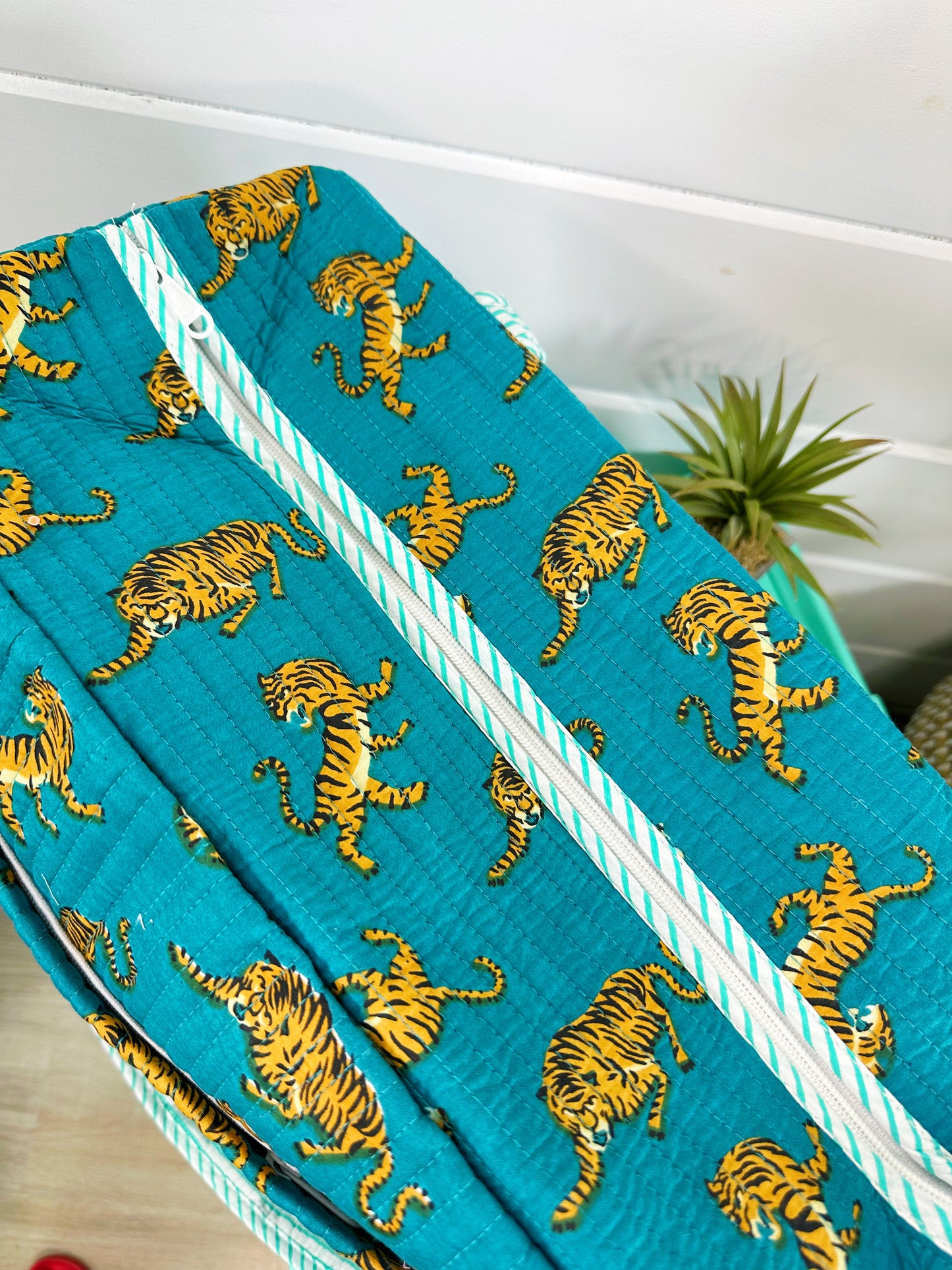 Teal Tiger Print Quilted Weekender Overnight Bag