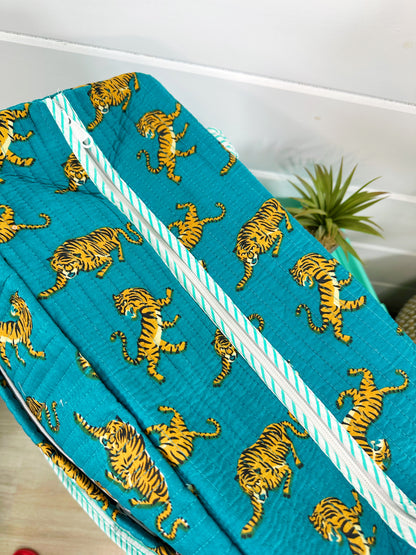 Teal Tiger Print Quilted Weekender Overnight Bag