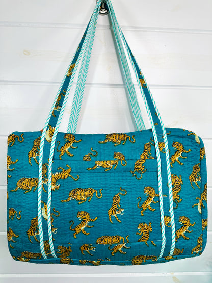 Teal Tiger Print Quilted Weekender Overnight Bag