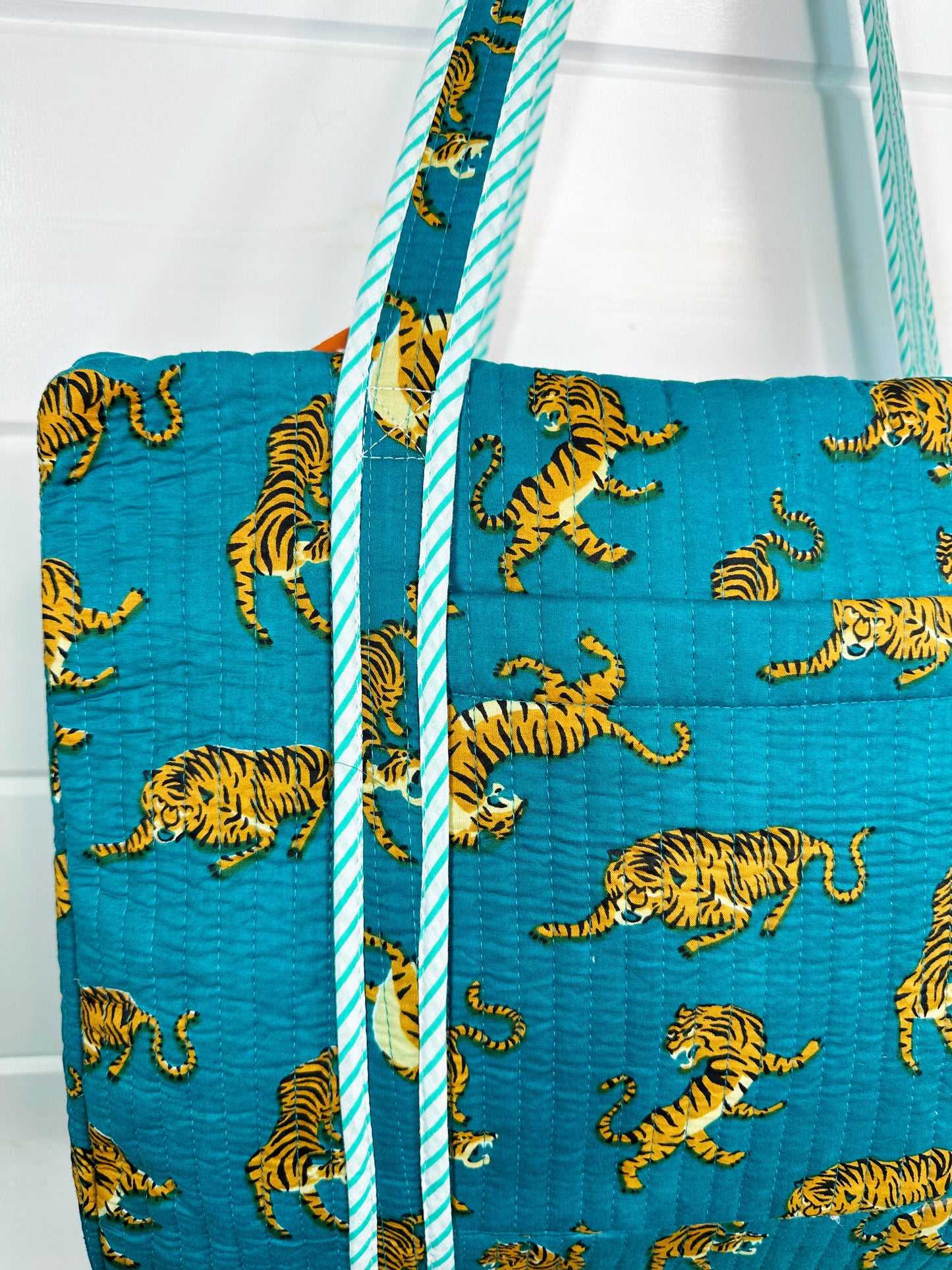 Teal Tiger Print Quilted Weekender Overnight Bag
