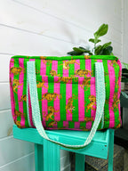 Pink Green Striped Small Tiger Print Quilted Weekender Overnight Bag