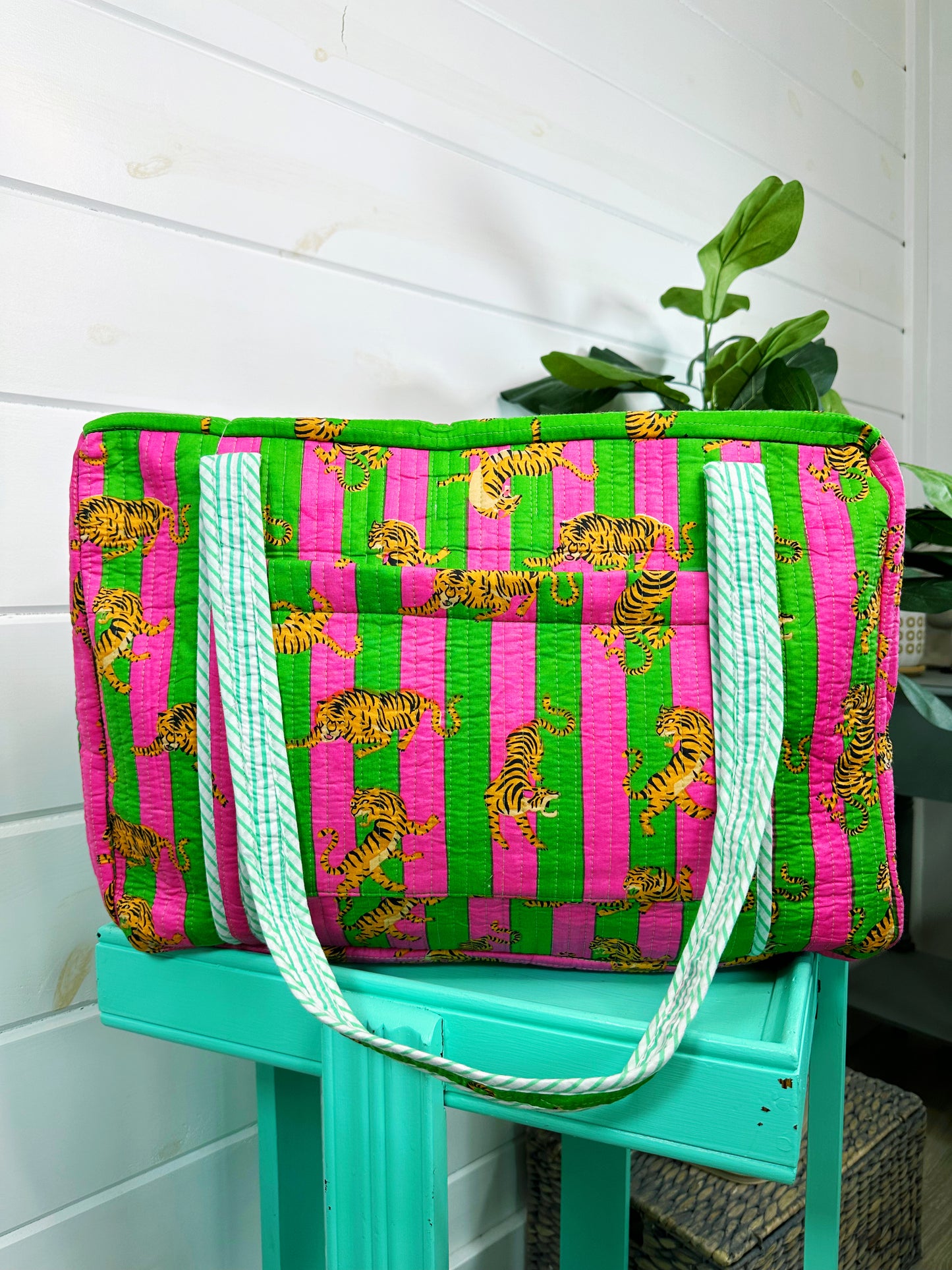 Pink Green Striped Small Tiger Print Quilted Weekender Overnight Bag