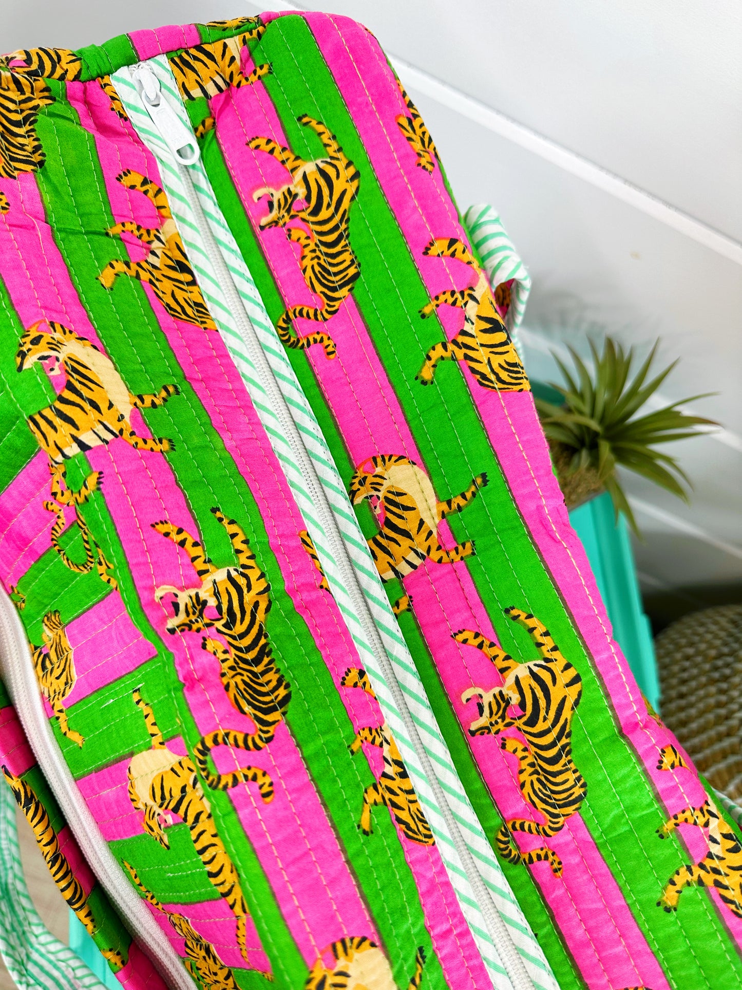 Pink Green Striped Small Tiger Print Quilted Weekender Overnight Bag