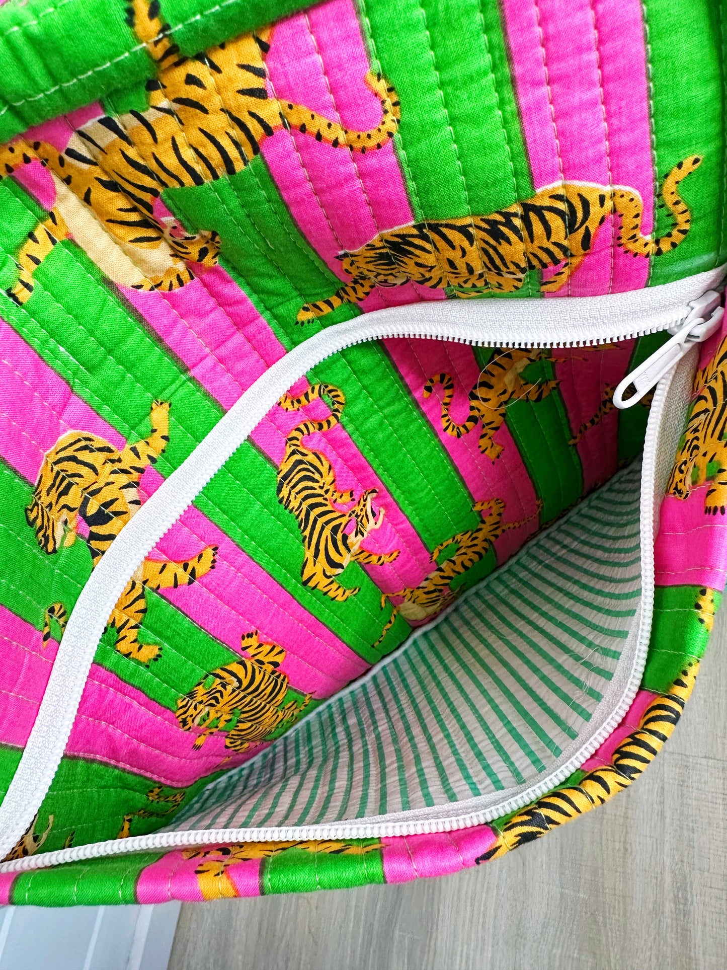 Pink Green Striped Small Tiger Print Quilted Weekender Overnight Bag