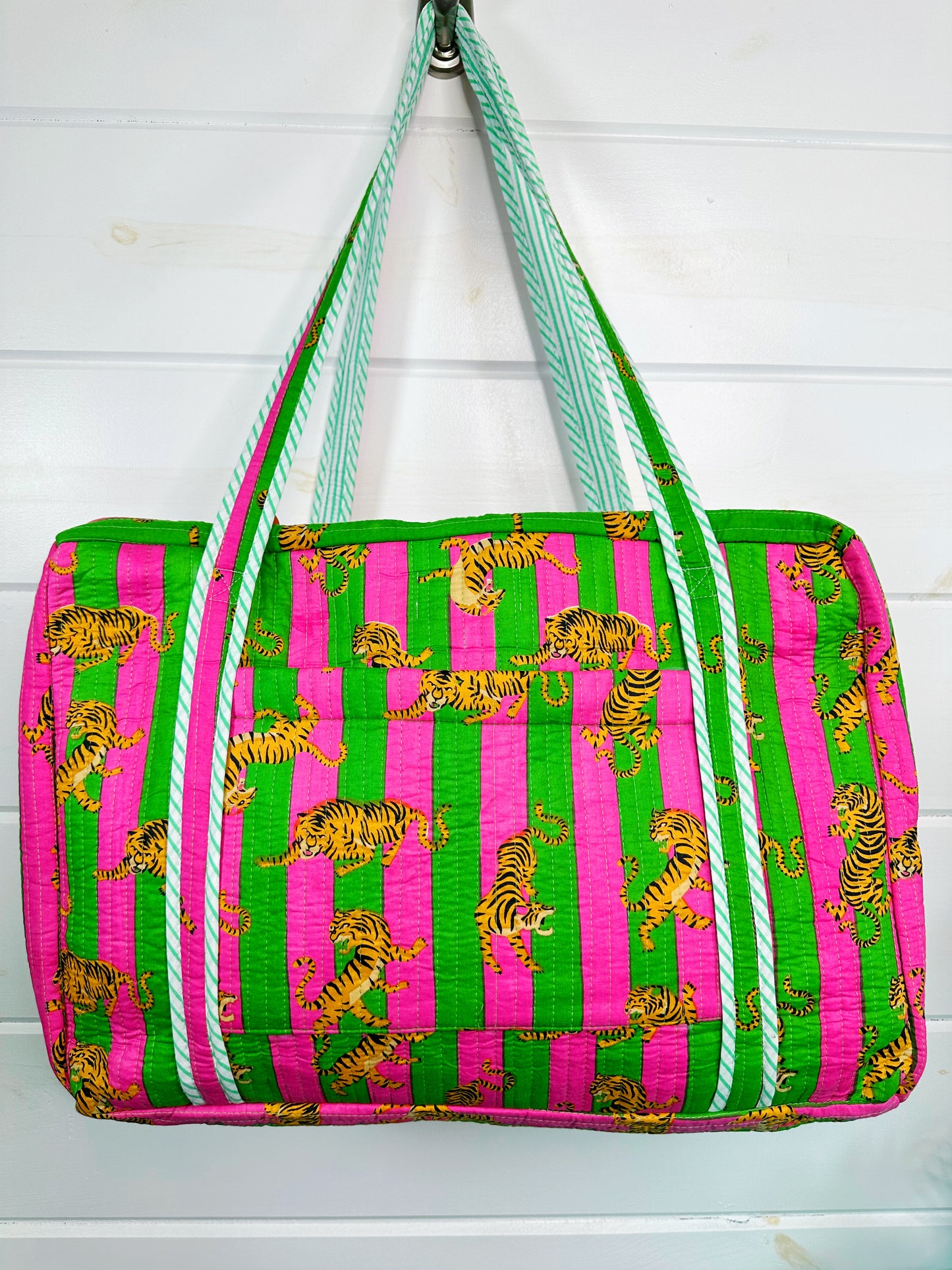Pink Green Striped Small Tiger Print Quilted Weekender Overnight Bag