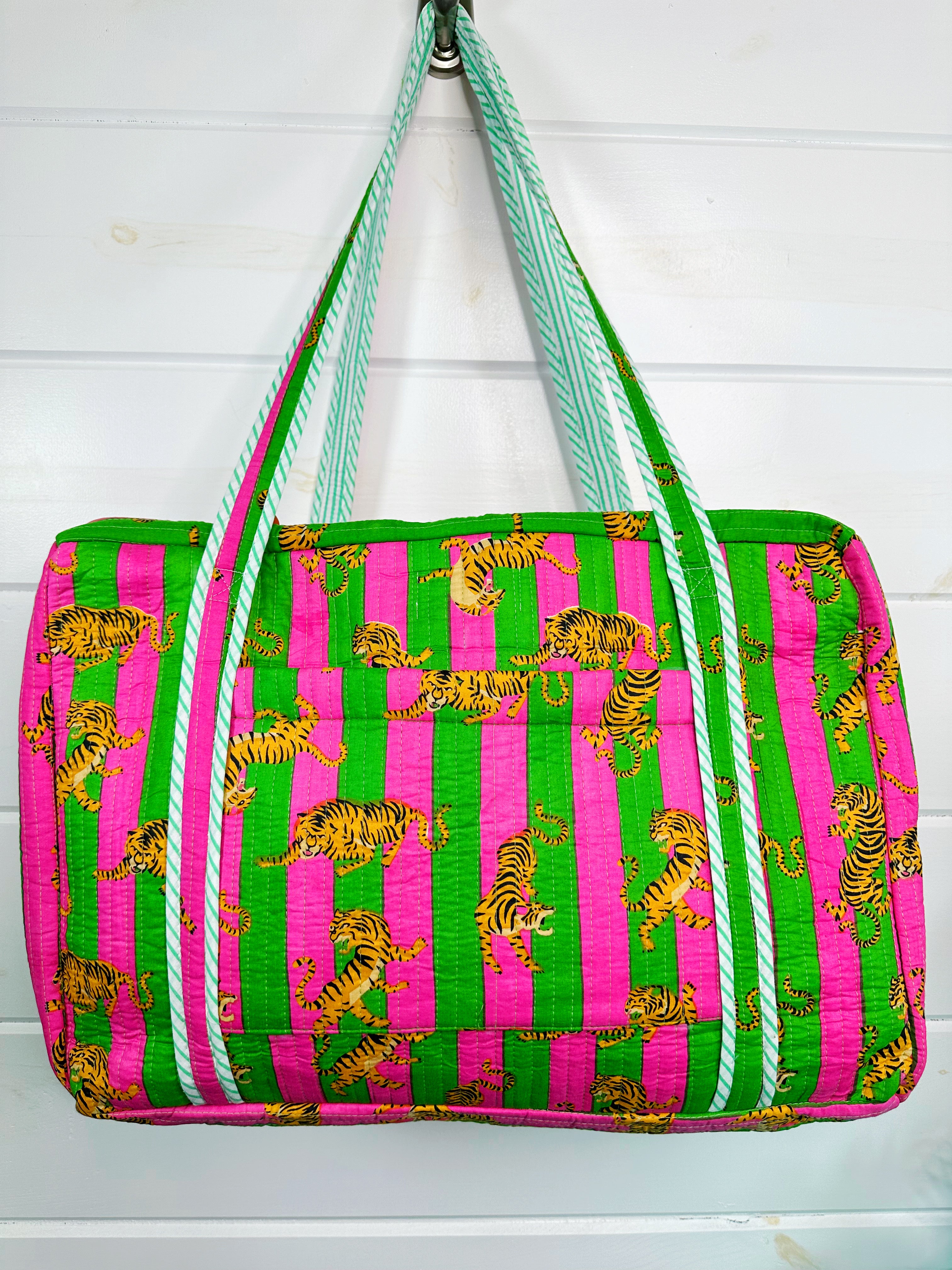 Pink Green Striped Small Tiger Print Quilted Weekender Overnight Bag