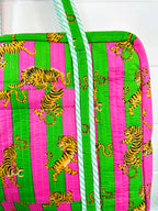 Pink Green Striped Small Tiger Print Quilted Weekender Overnight Bag