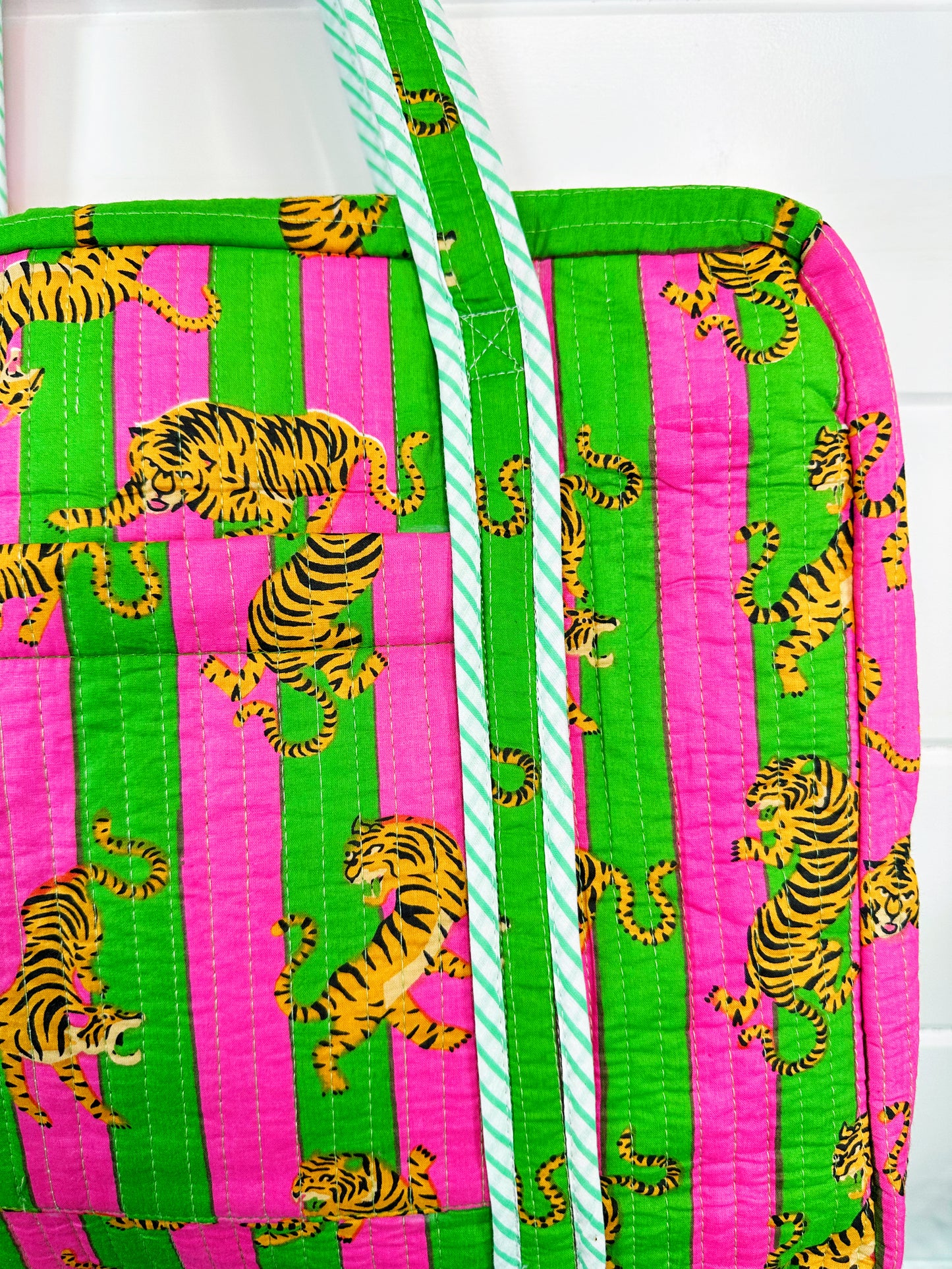 Pink Green Striped Small Tiger Print Quilted Weekender Overnight Bag