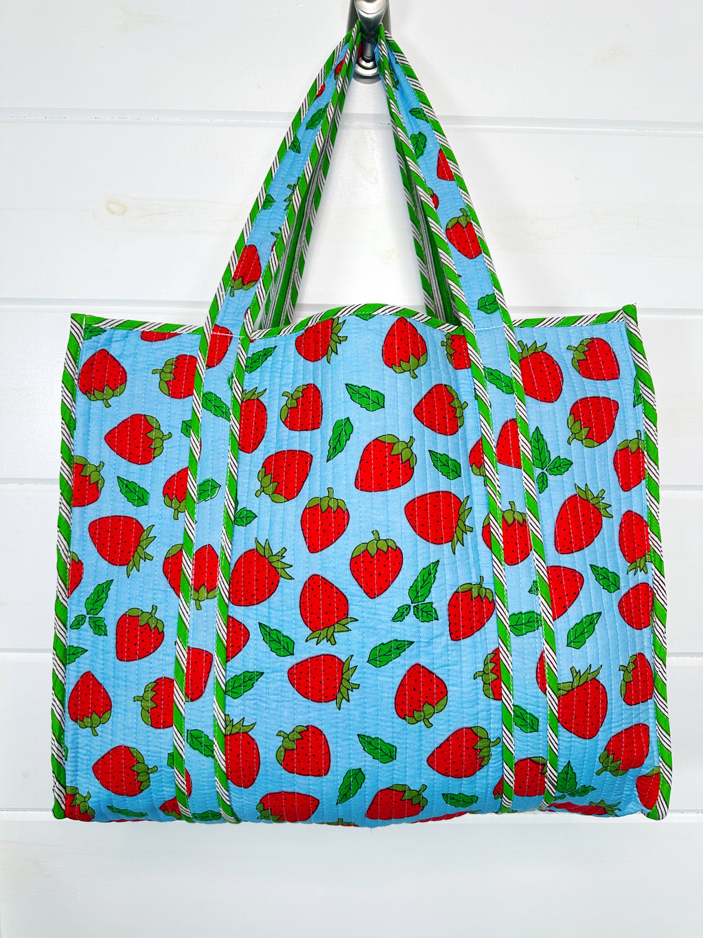 Blue and Red Strawberry Print Quilted Cotton Tote Bag