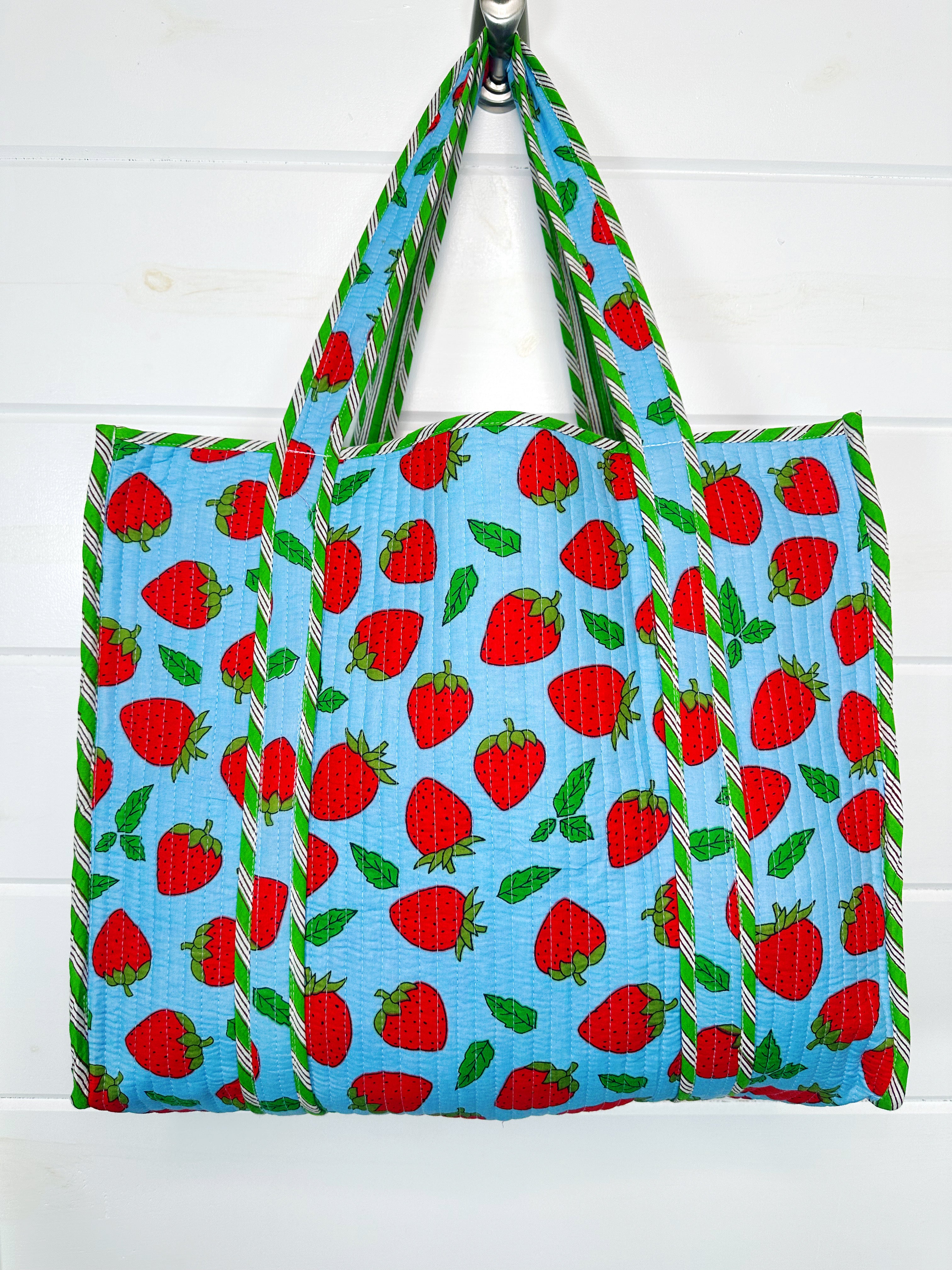 Blue and Red Strawberry Print Quilted Cotton Tote Bag