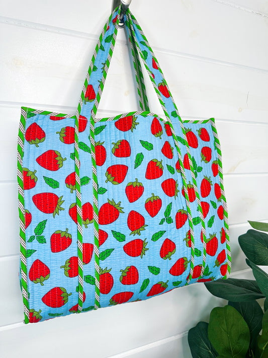 Blue and Red Strawberry Print Quilted Cotton Tote Bag