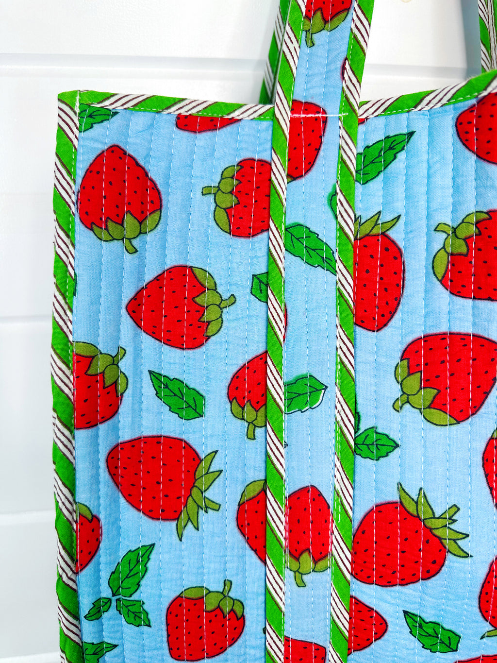 Blue and Red Strawberry Print Quilted Cotton Tote Bag