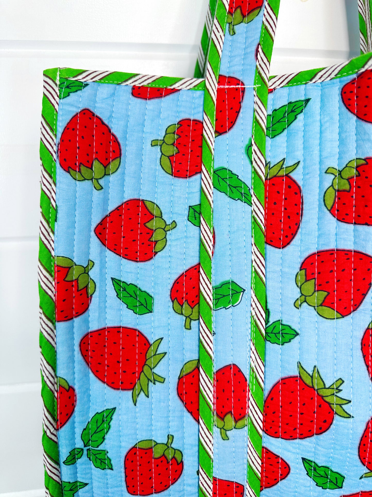 Blue and Red Strawberry Print Quilted Cotton Tote Bag