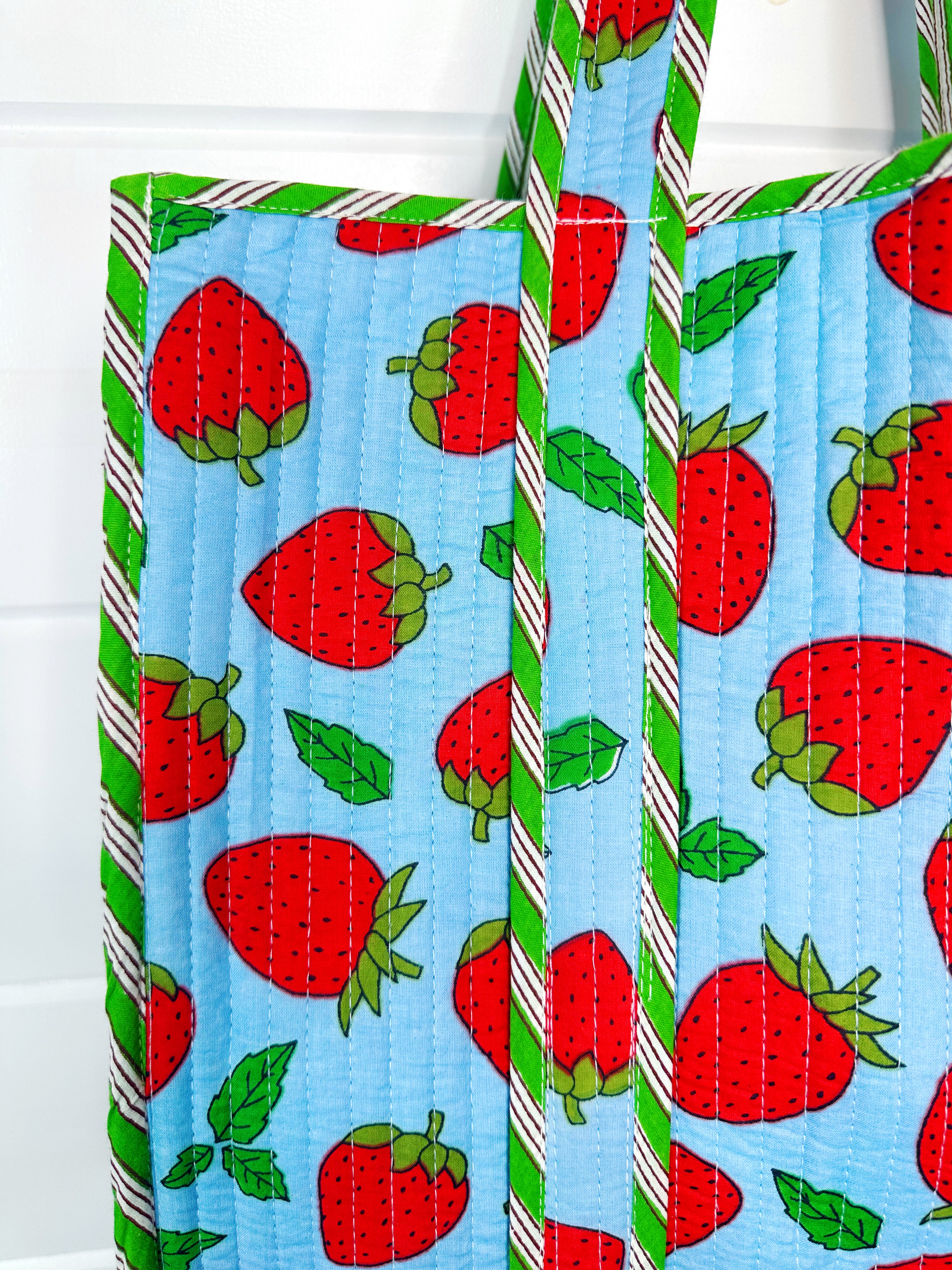 Blue and Red Strawberry Print Quilted Cotton Tote Bag