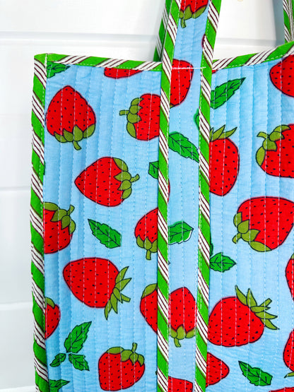 Blue and Red Strawberry Print Quilted Cotton Tote Bag