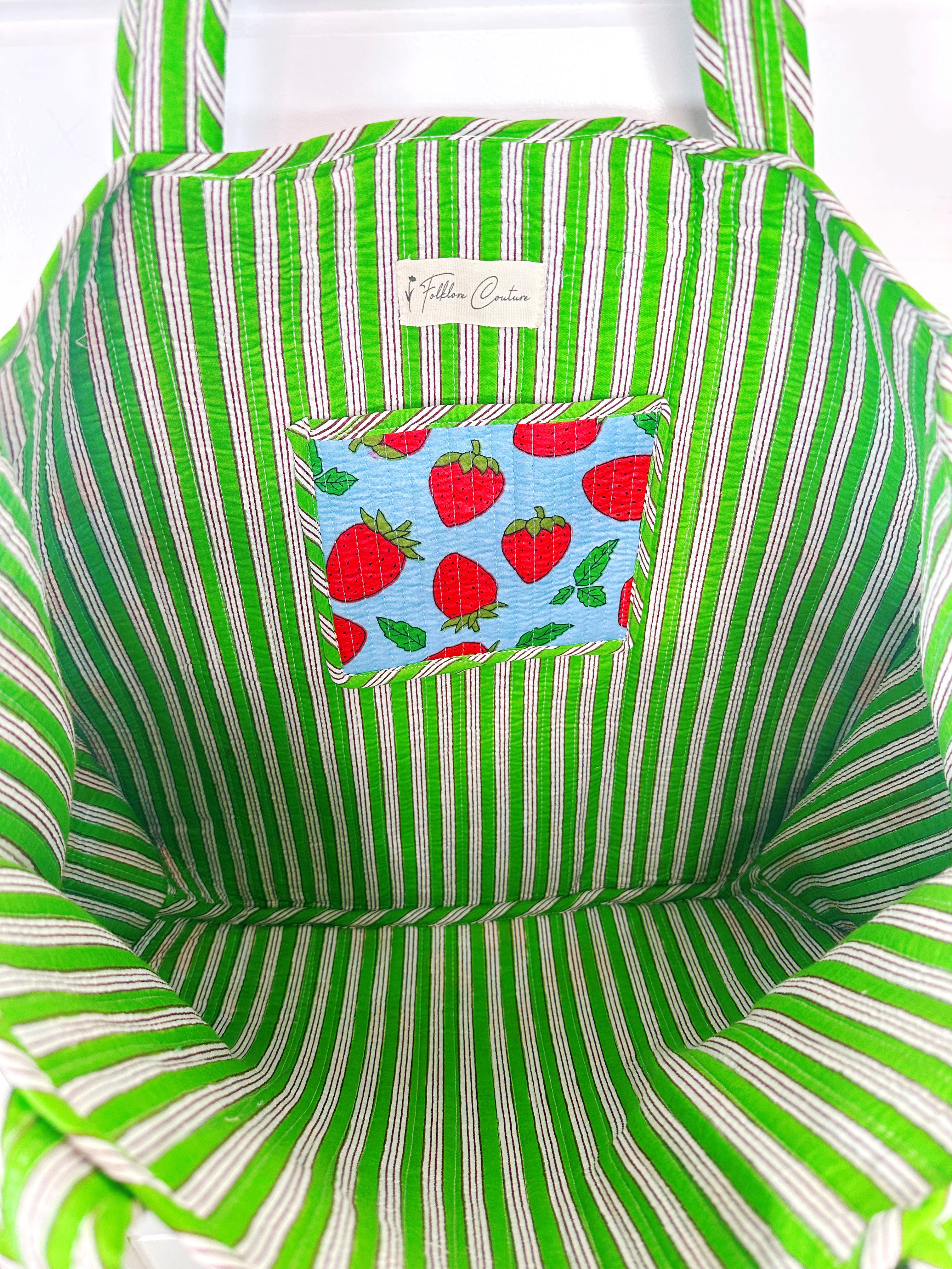 Blue and Red Strawberry Print Quilted Cotton Tote Bag