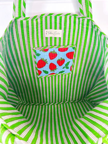 Blue and Red Strawberry Print Quilted Cotton Tote Bag