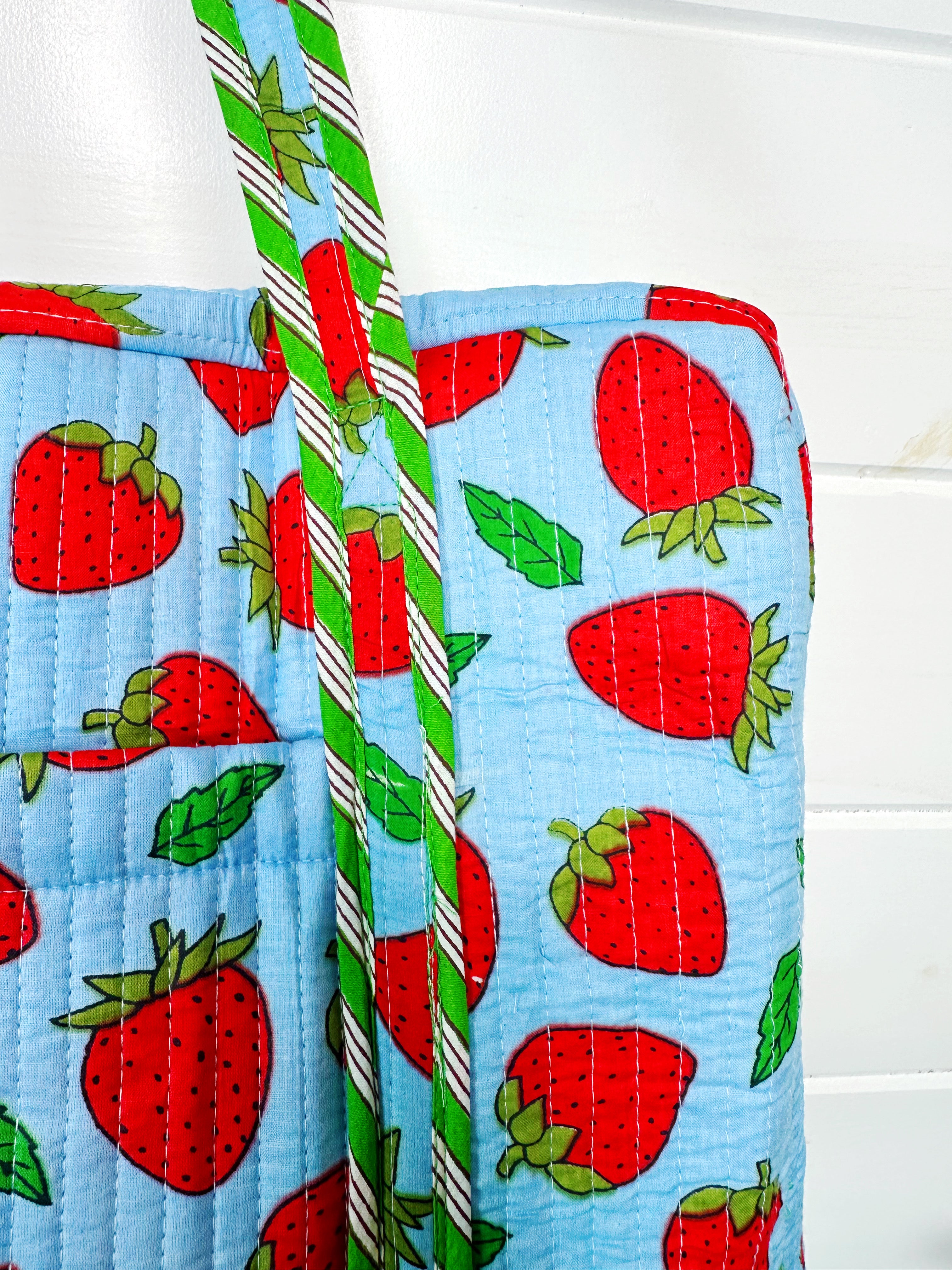Blue and Red Strawberry Quilted Weekender Overnight Duffle Bag