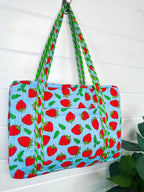 Blue and Red Strawberry Quilted Weekender Overnight Duffle Bag