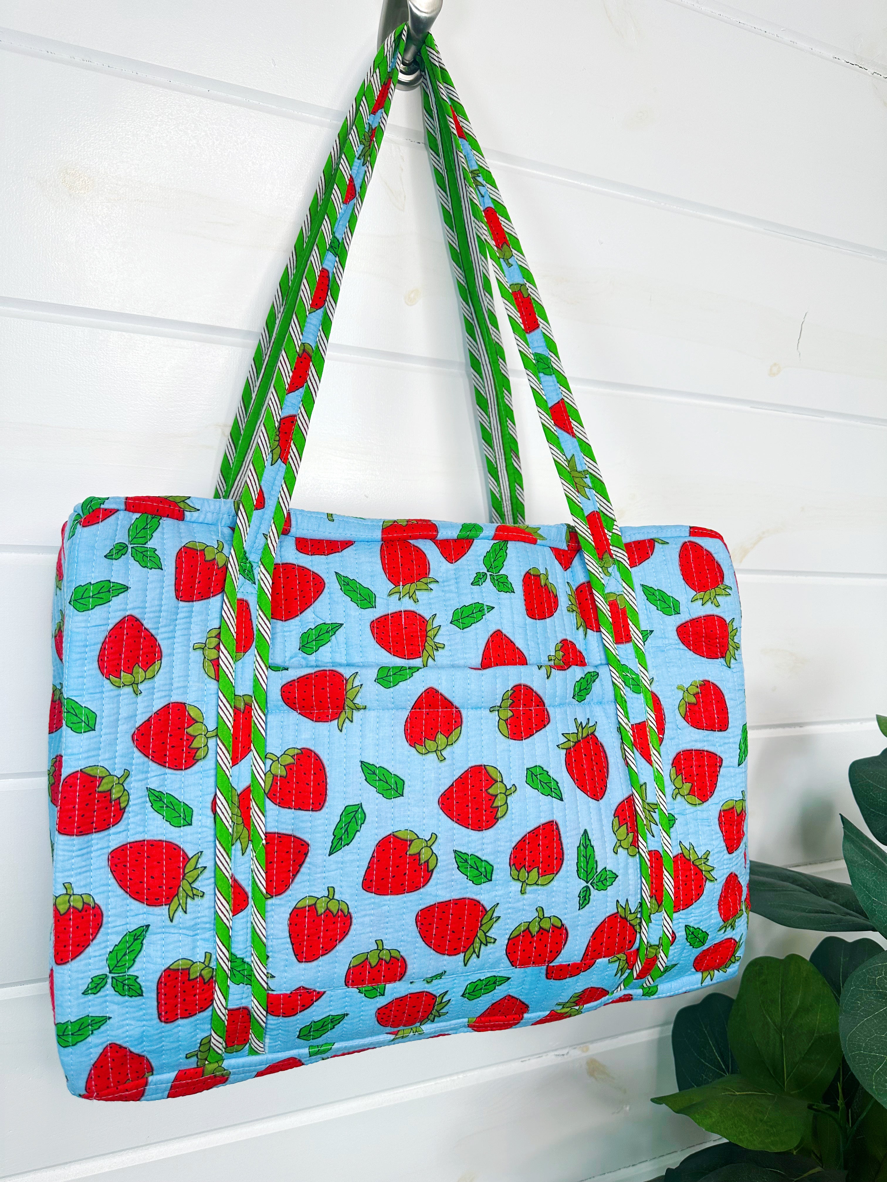 Blue and Red Strawberry Quilted Weekender Overnight Duffle Bag