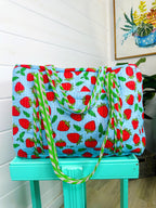 Blue and Red Strawberry Quilted Weekender Overnight Duffle Bag