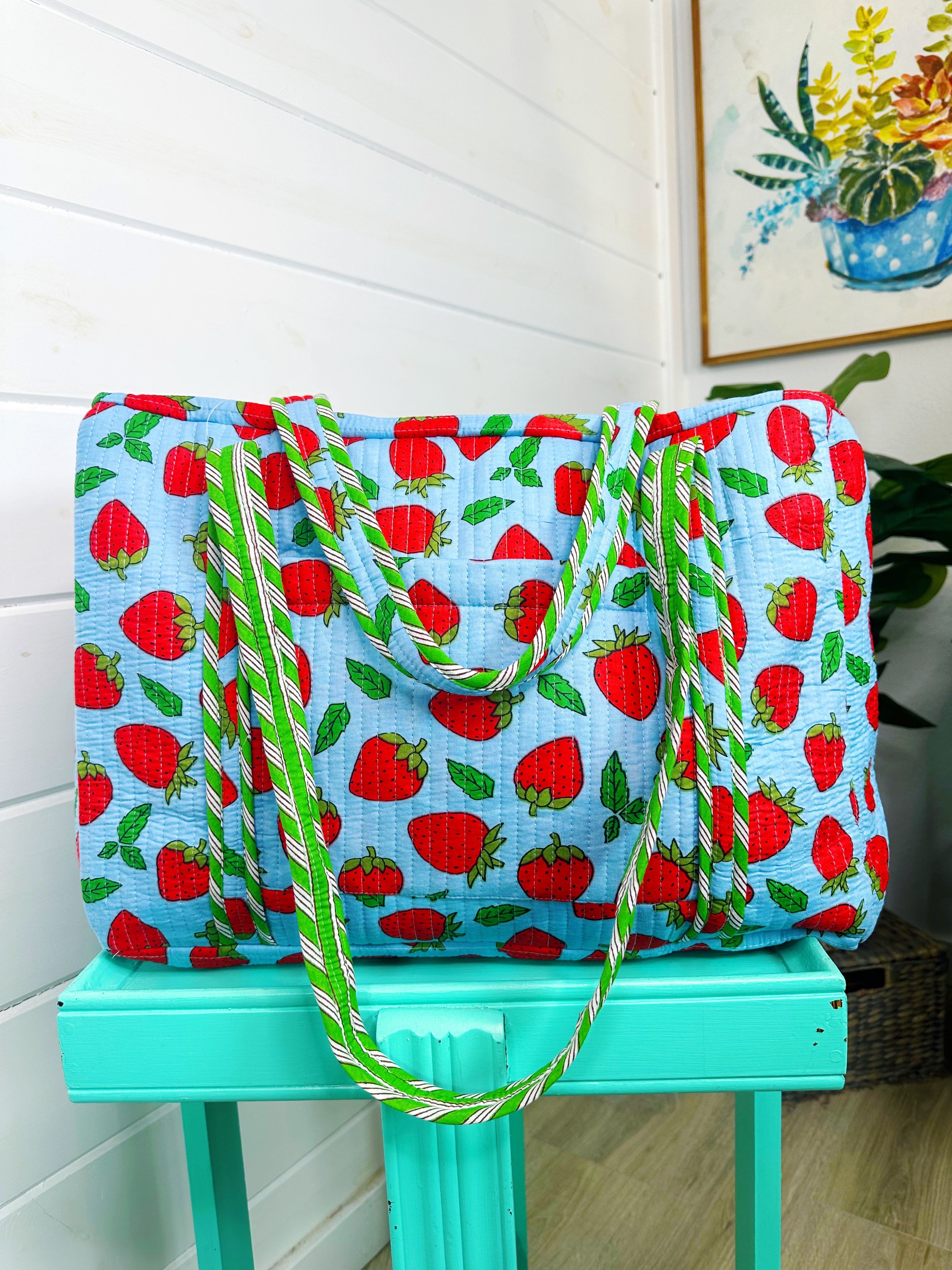 Blue and Red Strawberry Quilted Weekender Overnight Duffle Bag