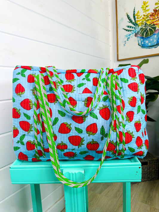 Blue and Red Strawberry Quilted Weekender Overnight Duffle Bag
