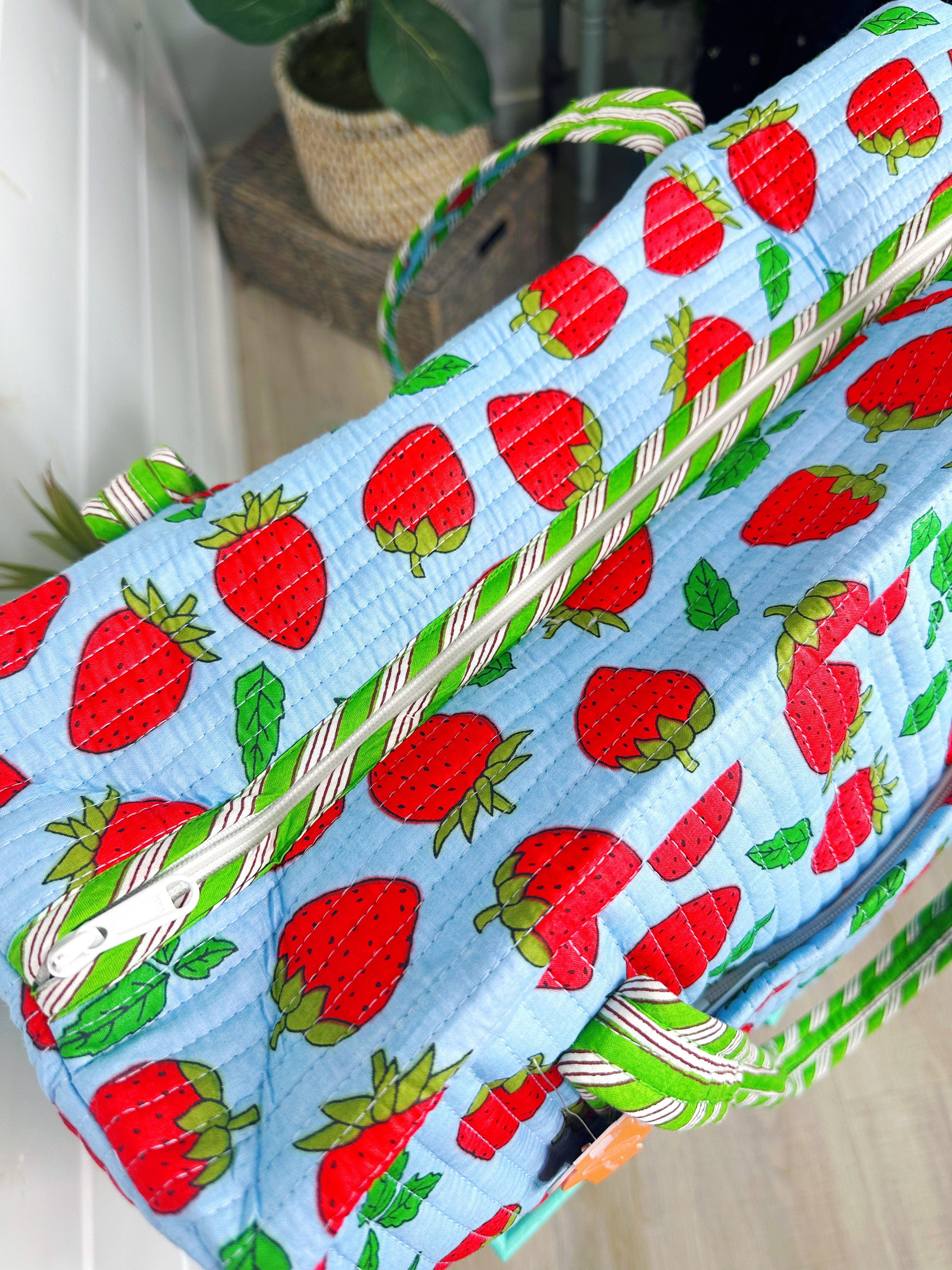 Blue and Red Strawberry Quilted Weekender Overnight Duffle Bag