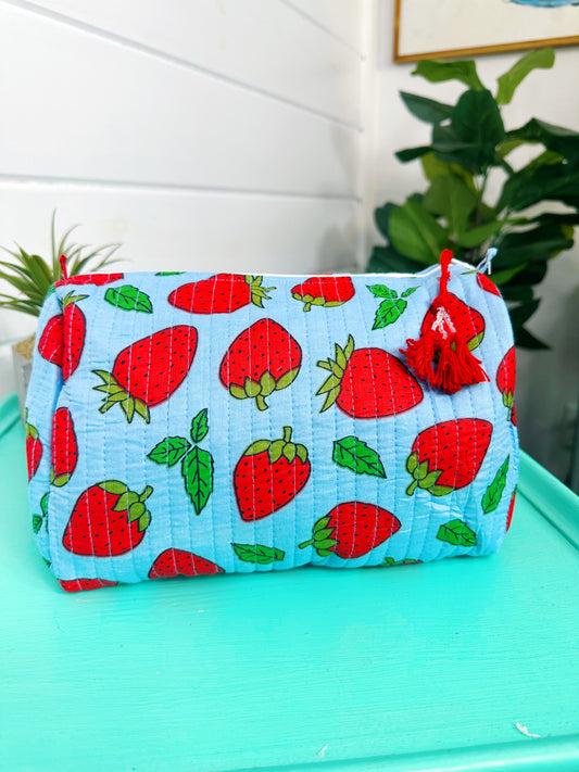 Blue and Red Strawberry Quilted Makeup Cosmetics Toiletry Bag