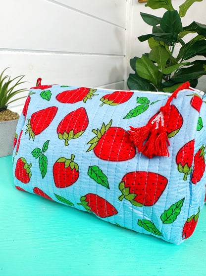 Blue and Red Strawberry Quilted Makeup Cosmetics Toiletry Bag