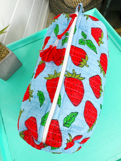 Blue and Red Strawberry Quilted Makeup Cosmetics Toiletry Bag