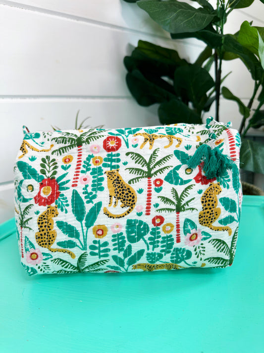 Aqua Palm Jaguar Print Quilted Makeup Cosmetics Toiletry Bag
