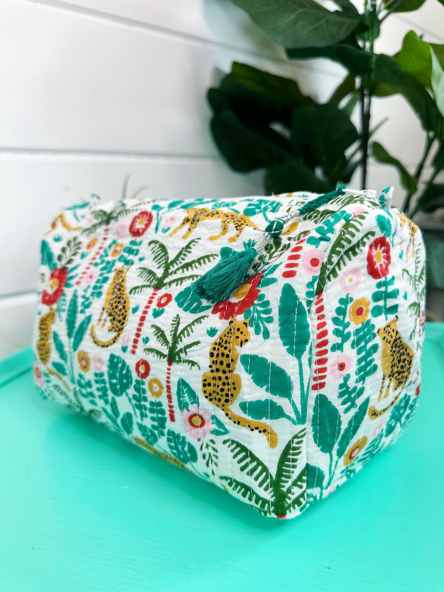 Aqua Palm Jaguar Print Quilted Makeup Cosmetics Toiletry Bag