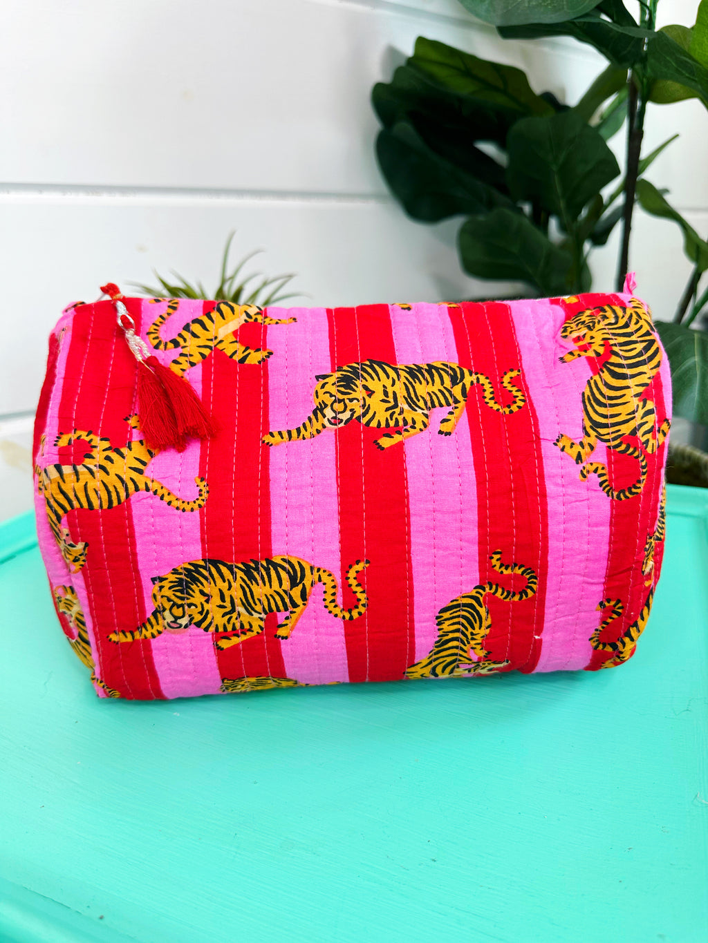 Red and Pink Tiger Print Quilted Makeup Cosmetics Toiletry Bag