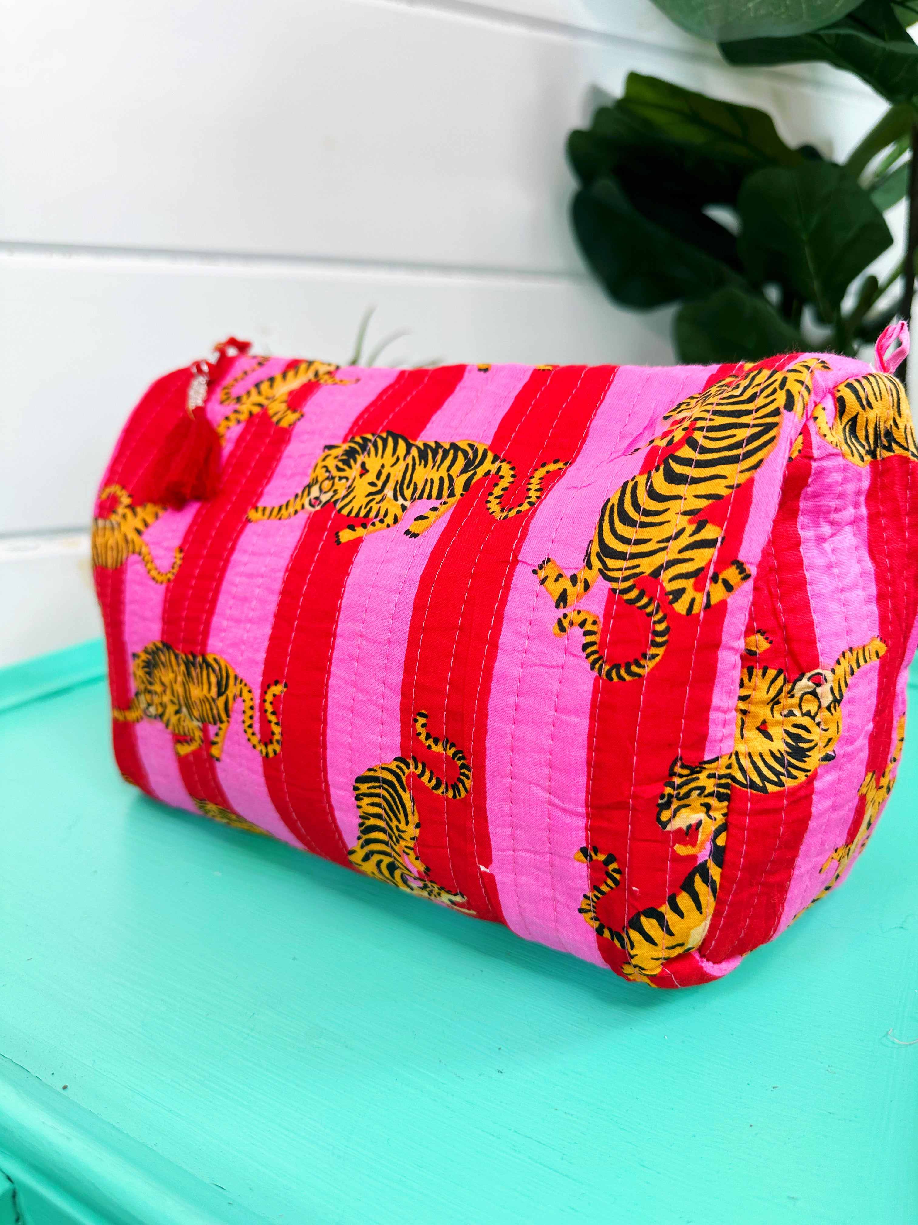 Red and Pink Tiger Print Quilted Makeup Cosmetics Toiletry Bag