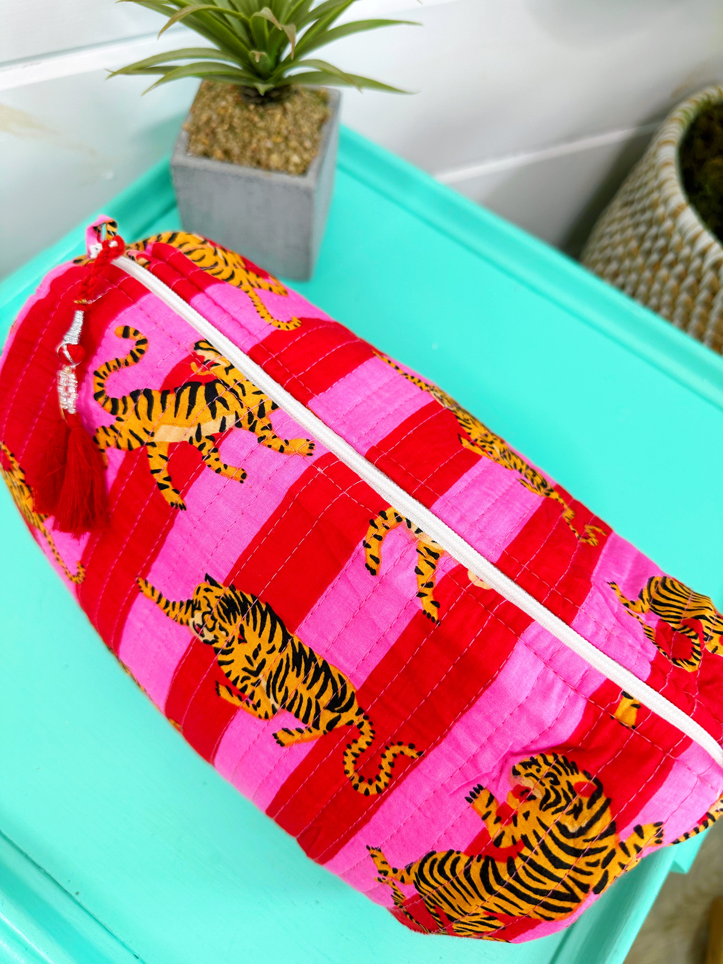 Red and Pink Tiger Print Quilted Makeup Cosmetics Toiletry Bag