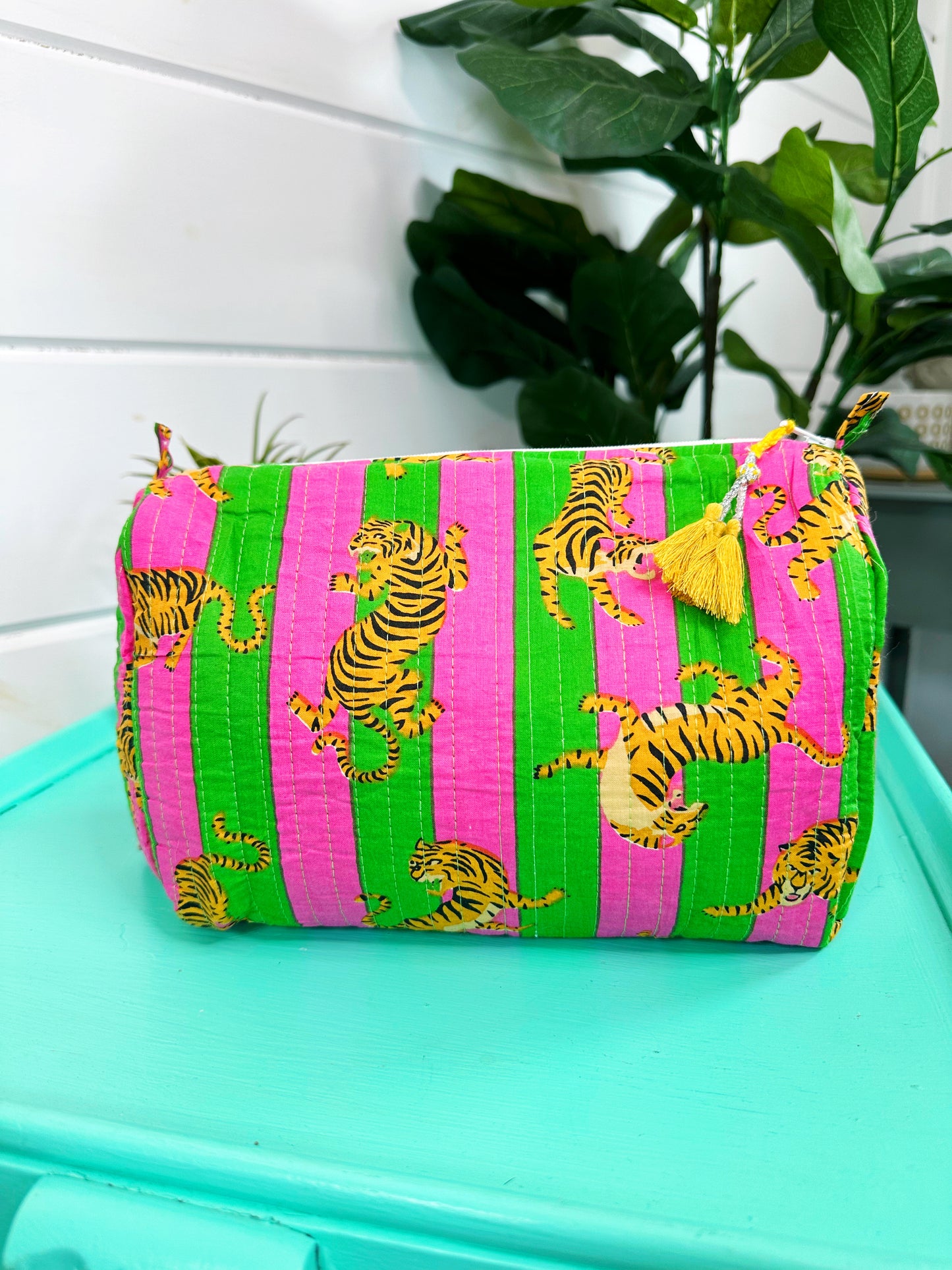 Pink and Green Tiger Print Quilted Makeup Cosmetics Toiletry Bag