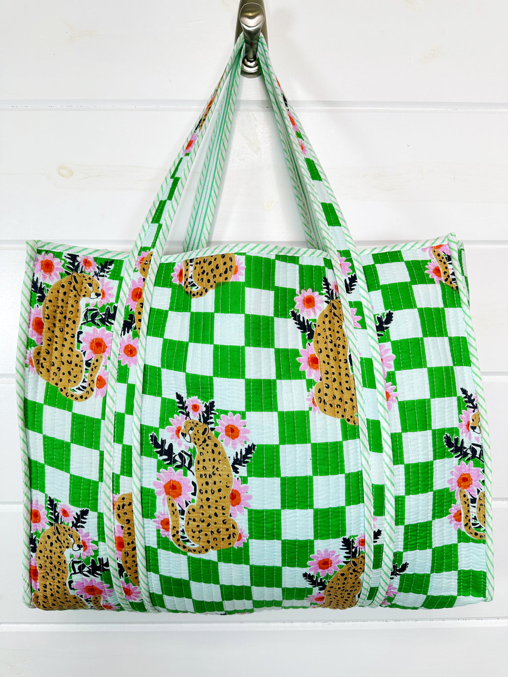 Green Checkered Jaguar Print Quilted Cotton Tote Bag